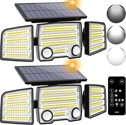 SIDSYS Luces solares con sensor de movimiento para exteriores, luces de inundación de larga resistencia con control remoto, 3 modos de 270, luces de