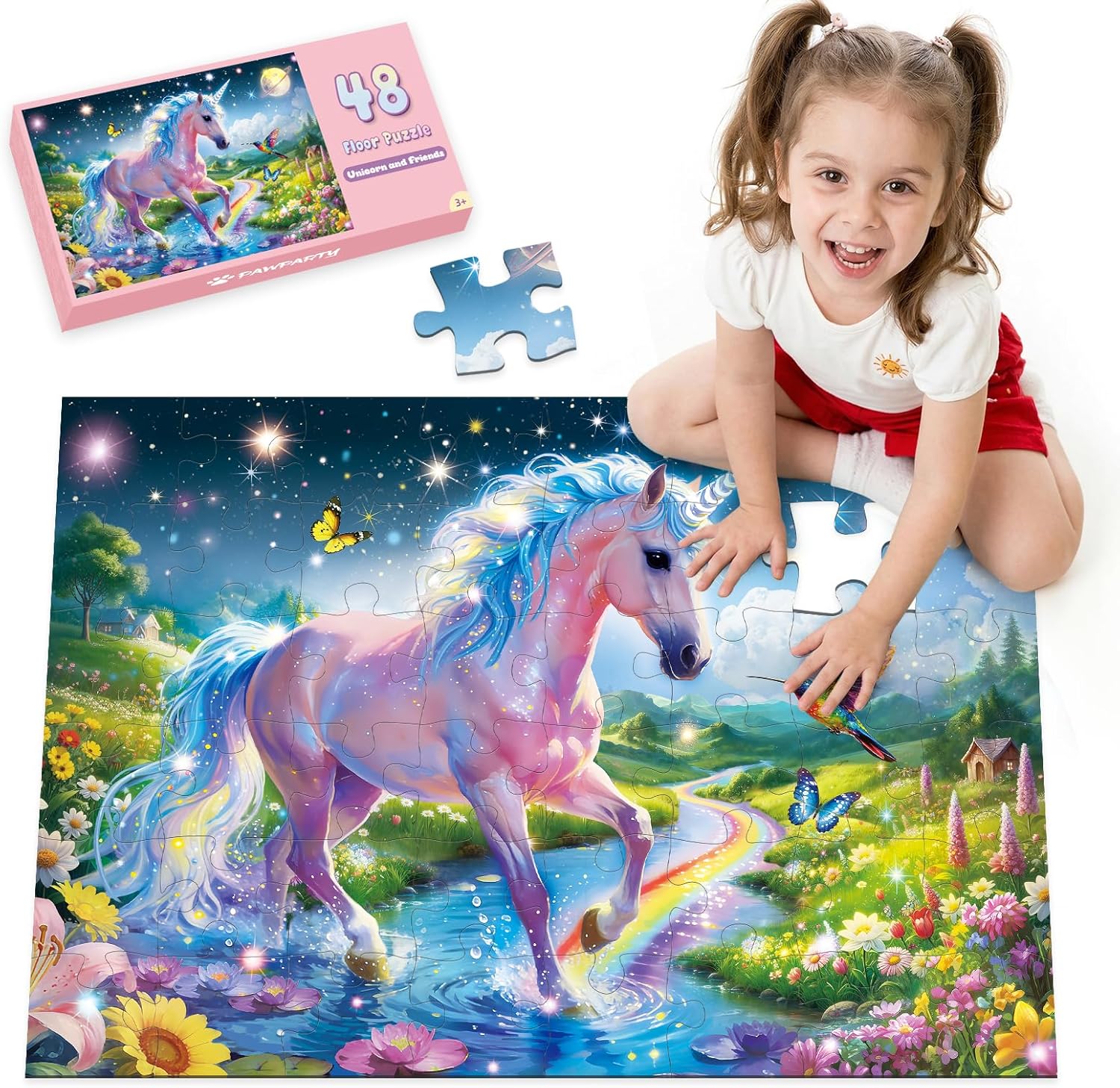 Floor Puzzle for Toddlers, 48 pc Unicorn & Friends Large Educational Jigsaw Puzzle for Kids Ages 4-8, 2 x 3 Feet Giant Toy, Holiday Activity for Ages 3+