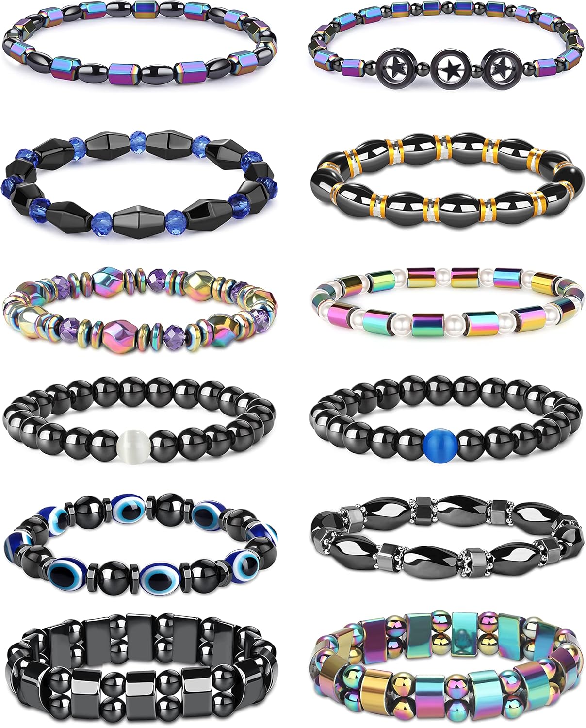 12Pcs Hematite Magnetic Bracelets Set for Men Women Magnetic Ankle Bracelet Circle Star Rainbow Magnet Stone Bracelet