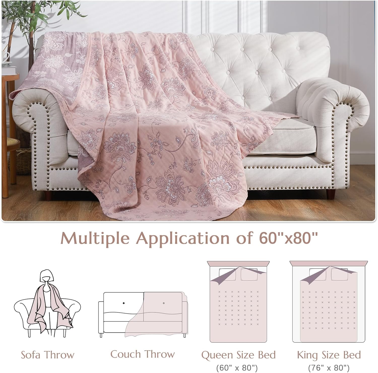 jinchan Boho 100% Cotton Muslin Twin Size 60x80 Inches Blanket Lightweight 4-Layer Quilted Soft Pink Red Floral Throw Blanket Reversible Comfy Flower Breathable All Seasons Couch Bedroom Decor - Image 6