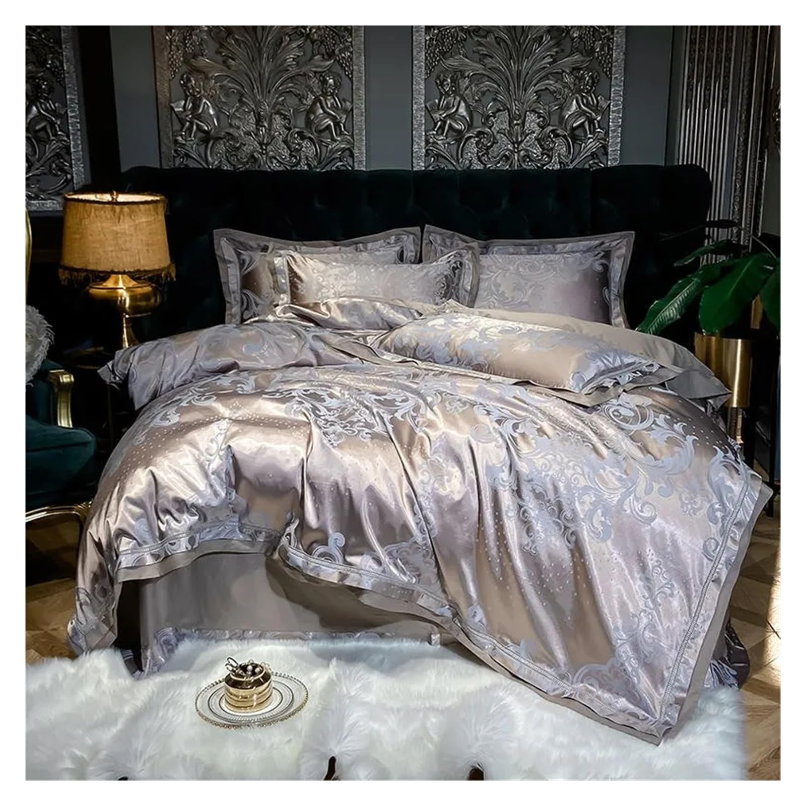 Sbcgfy E Silk Sateen Cotton Delicat Jacquard Duvet Cover Champagn Silver Silky Soft Bedding Set 1 Bed Sheet1 Duvet Cover 2 Pillowcases,Cotton Duvet,-Flat Bed Sheet_queen 4Pcs