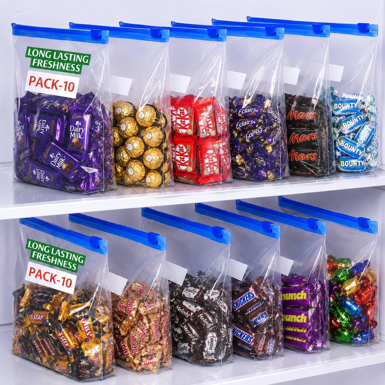 Reusable Plastic Food Storage Bags Leakproof Stand Up Ziplock Freezer Bags -BPA Free Airtight Sealing Bags for Organization, Fridge Washable Storage Vegetables, Fruits (BLUE, 10 PCS)-image-49