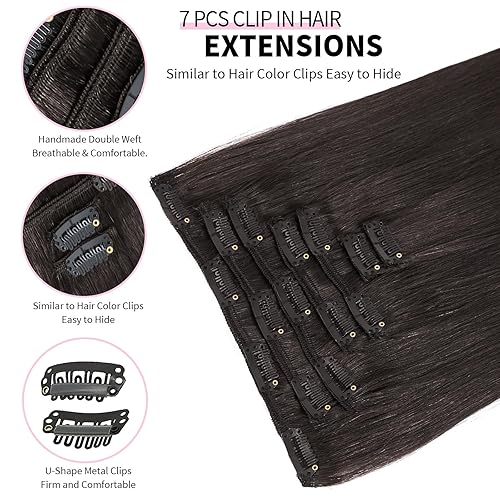 Miniatura 3 de Extensiones de cabello humano con pinzas, 7 piezas, 2.47 oz, #1B Natural negro