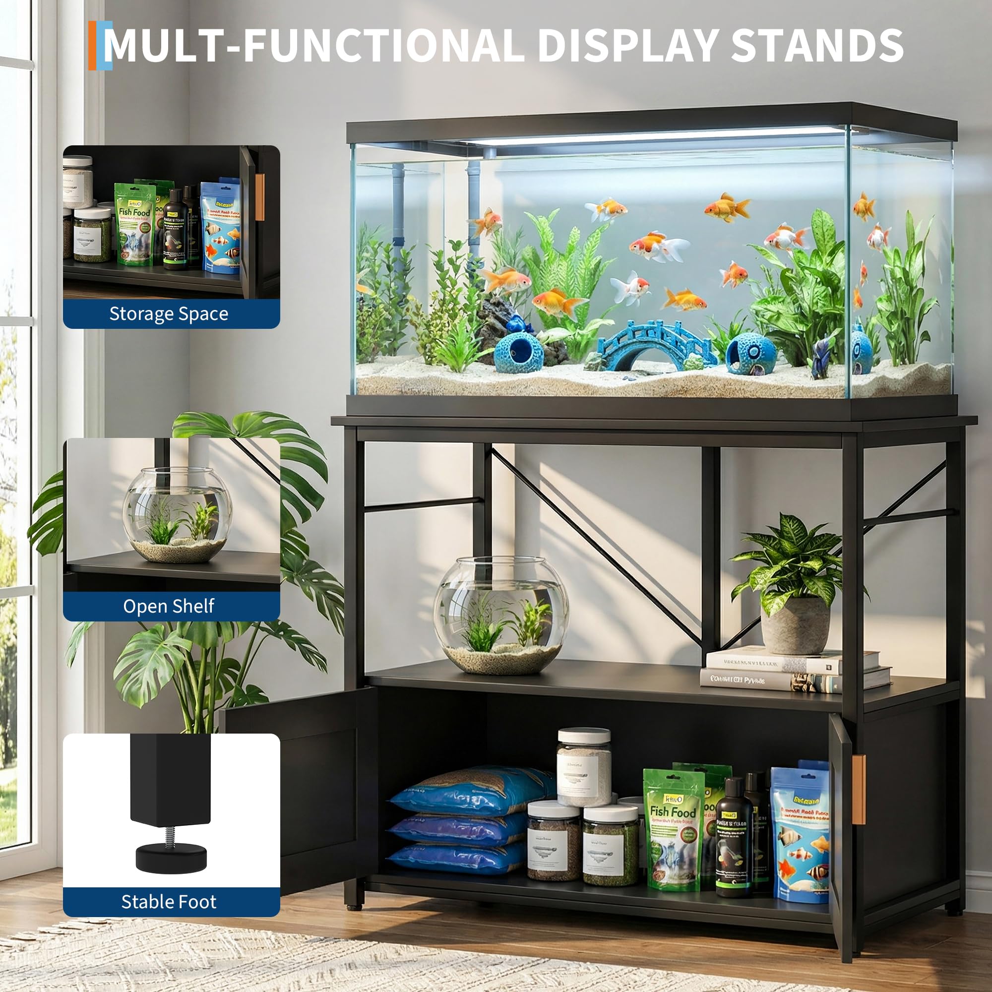 Aquarium Unterschrank für 40–50 Gallonen – Stabiler Metall-Holz-Fischbeckenständer mit Regal & Stauraum, bis 300 kg belastbar, verstellbare Füße, für Wohnzimmer/Terrarium, modernes Design –