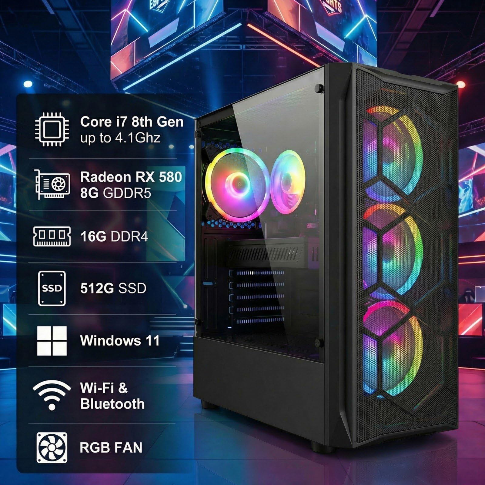 ゲーミングPC core i7/mem8G/RX580 8GB/SSD240G STGAubron Gaming PC Computer Desktop, Intel Core i7 8th Gen up to