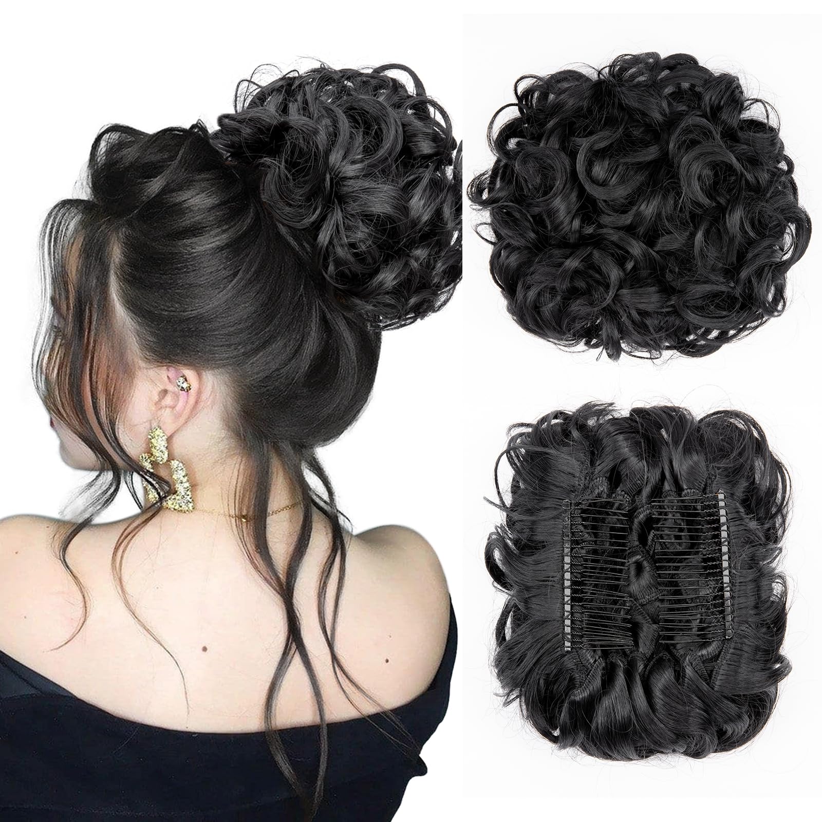 Benehair Messy Bun Hair Piece with Combs Clip in Bun Scrunchie Juva Bun Dish Fluffy Wavy Hair Updo Easy Stretch Big Chignon Short Ponytail Hairpiece