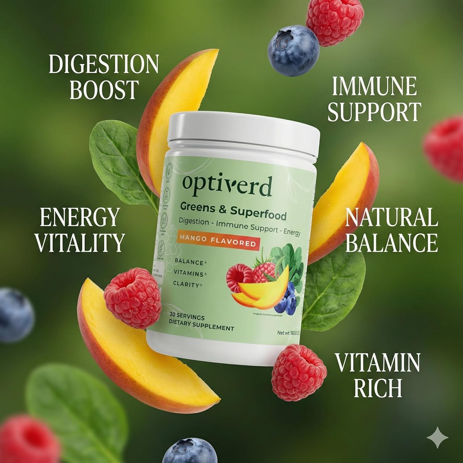 Greens Superfood Powder with Probiotics & Enzymes – Detox, Gut Health, Energy & Immune Support – Organic, Vegan, Gluten-Free – 30 Servings – Mango Flavor - Image 2