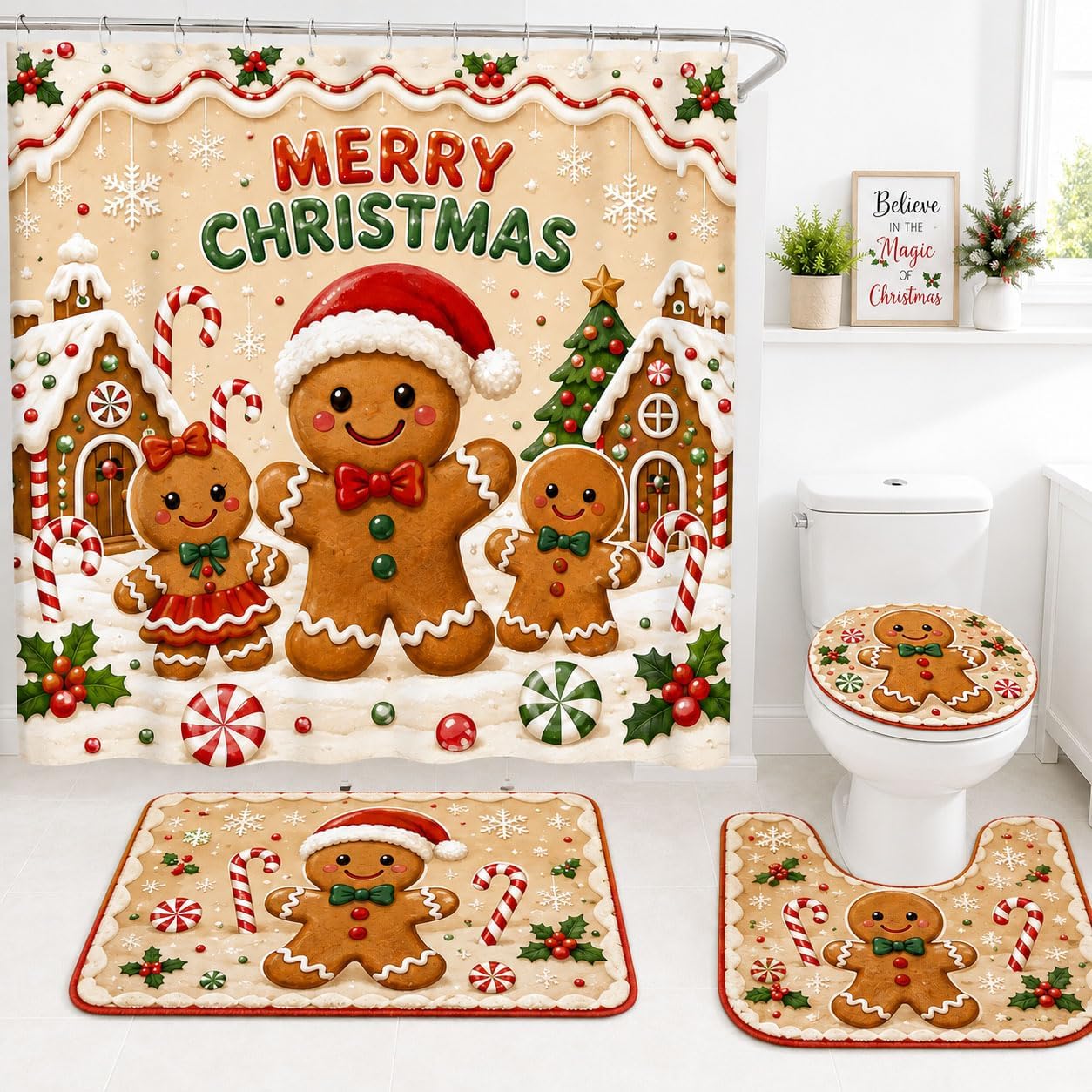 Christmas Gingerbread Man Shower Curtain Set, Christmas Bathroom Decor