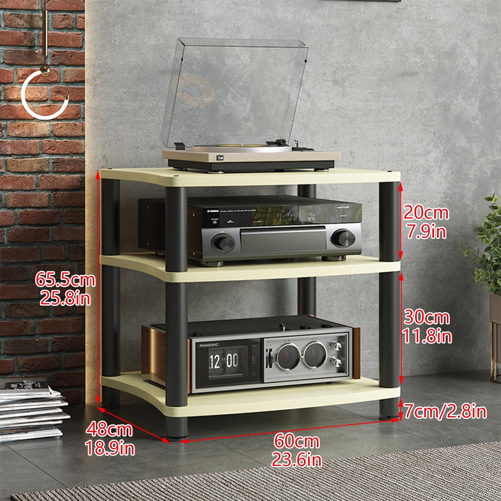 3-poziomowy stojak na nośniki audio, wideo, otwarty stojak na odtwarzacz AV, wieża stereo do telewizora i gier, małe centrum rozrywki do salonu, brązowy, 60 x 48 x 65,5 cm