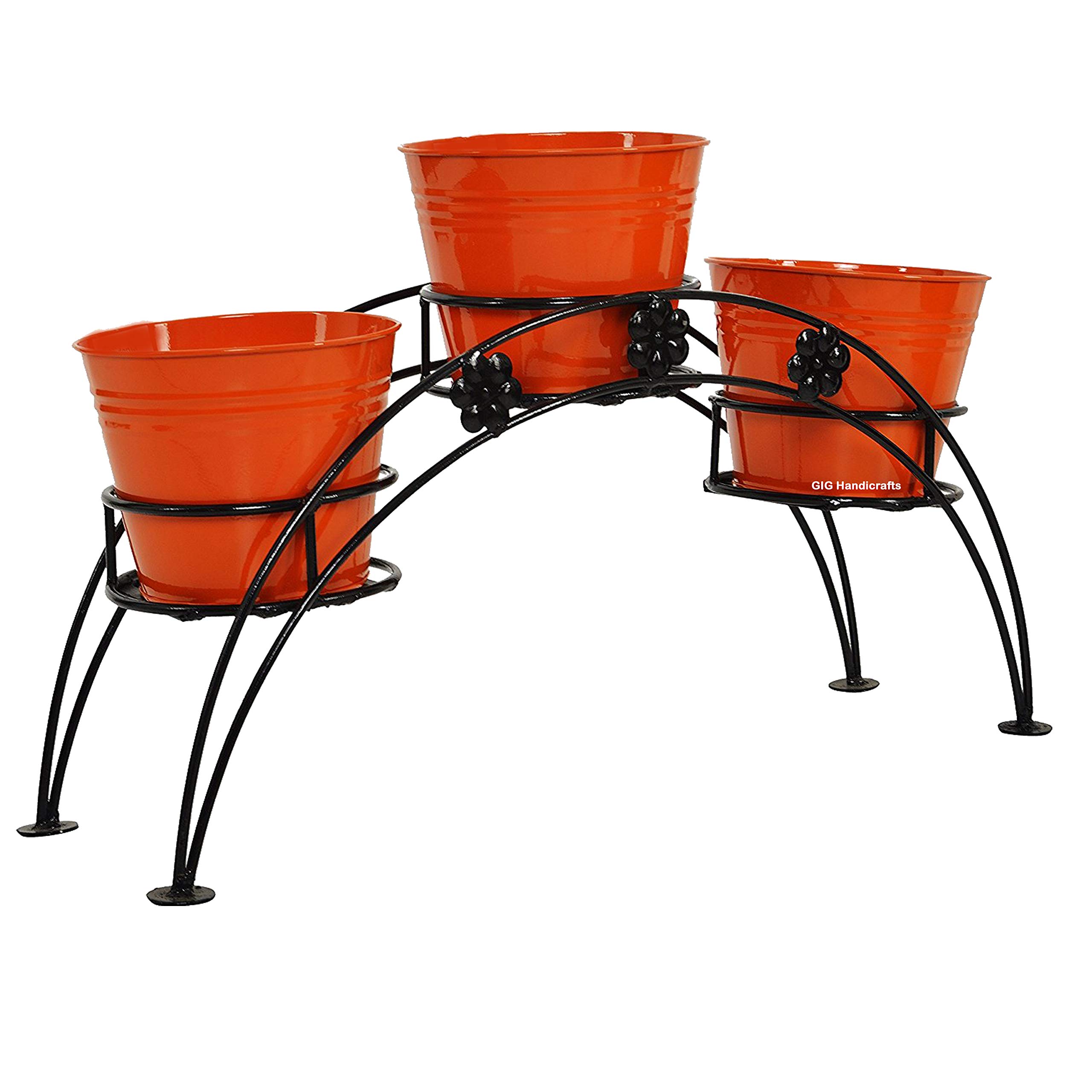 GIG Handicrafts 3 Tier Iron Pot Stand Plant Stand Plant Holder with 3 Iron Pots Indoor and Outdoor (66 cm x 18 cm x 30 cm, Orange and Black)