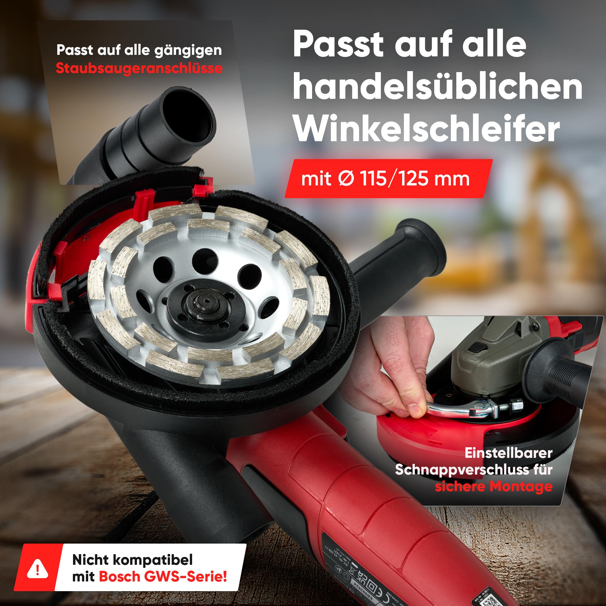 ChilliCut Absaughaube 125mm für Winkelschleifer | Staubabsaugung beim Betonschleifen mit Diamant Schleiftopf | Schleifhaube mit Bürstenkranz für Bodenschleifer & Sanierungsfräse