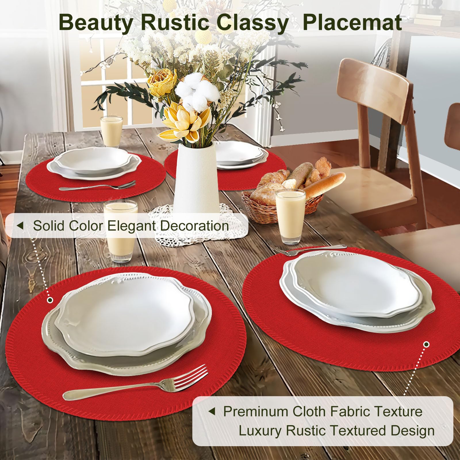 Rinpon Round Placemats Set of 8, Machine Washable Linen-Like Cloth Place Mats & Heat-Resistant for Dining Table - Image 2