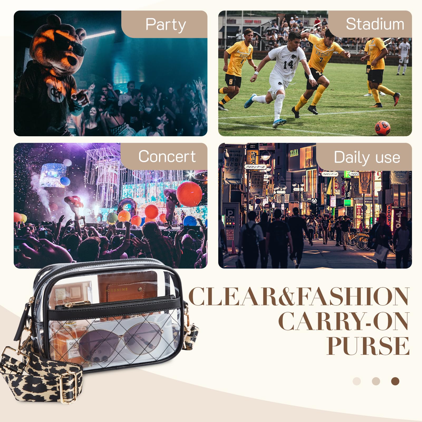 Missnine Borsa trasparente per eventi dello stadio Borsa trasparente trapuntata per le donne Borsa da concerto a tracolla in PVC approvata dallo stadio