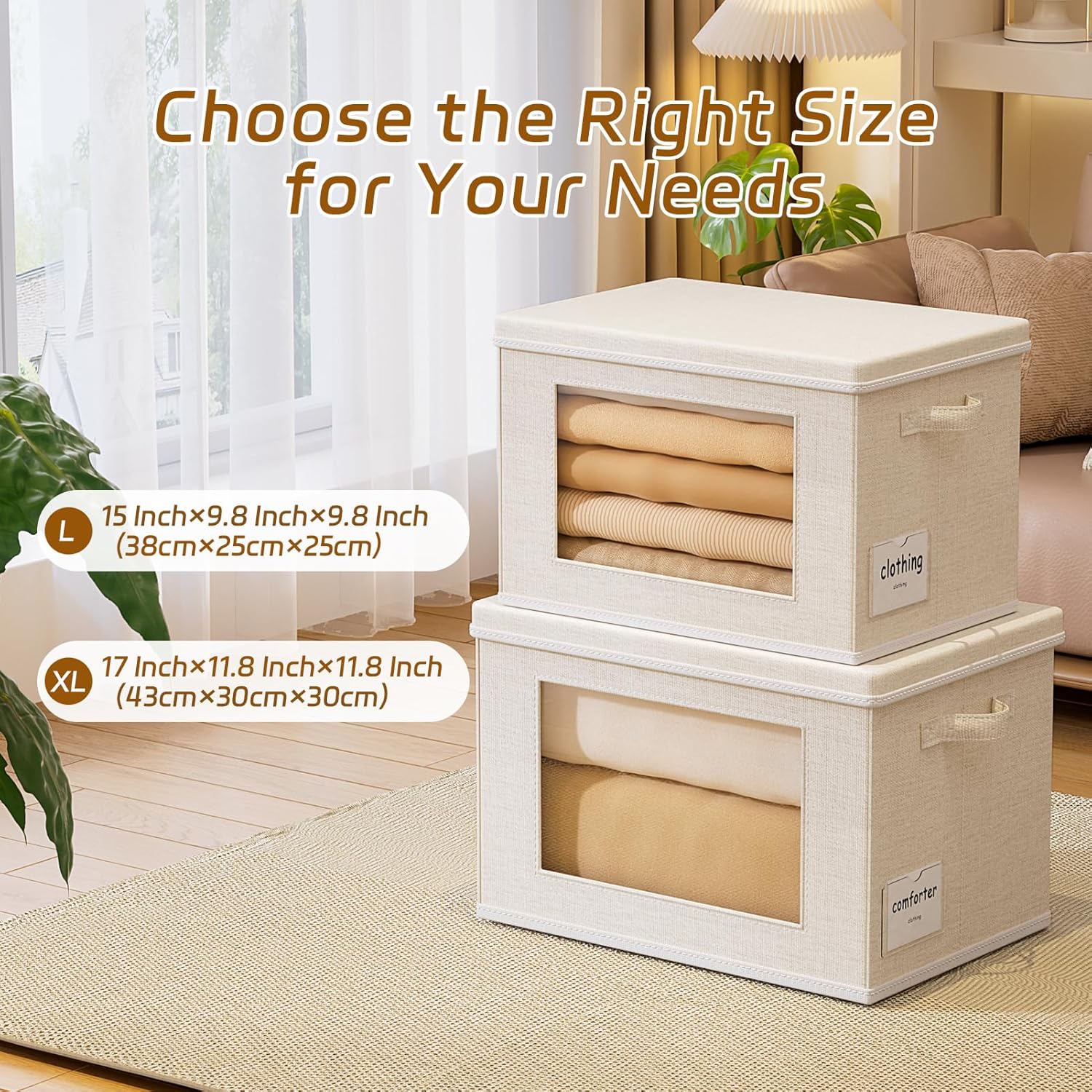 4-Pack Fabric Foldable Storage Bins Closet Storage Box with Window Decorative Storage Bins with Lids for Clothes, Closet, Living Room, Beige, 17“ x 11.8” x 11.8"