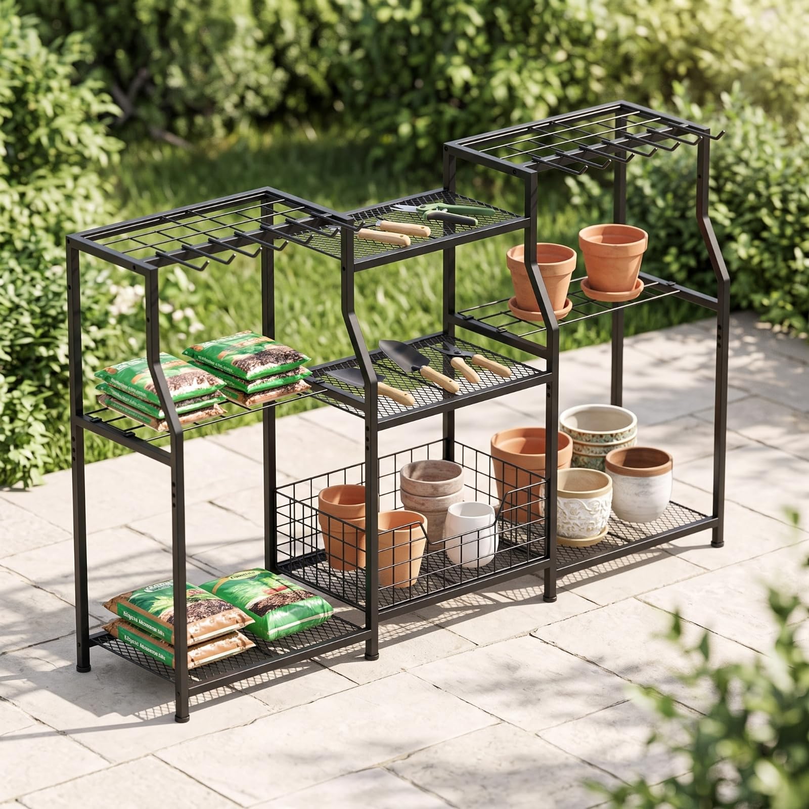 Porta Attrezzi da Giardino Multifunzionale Porta Attrezzi con Ganci Compatto Rastrelliera per Capanno, Patio