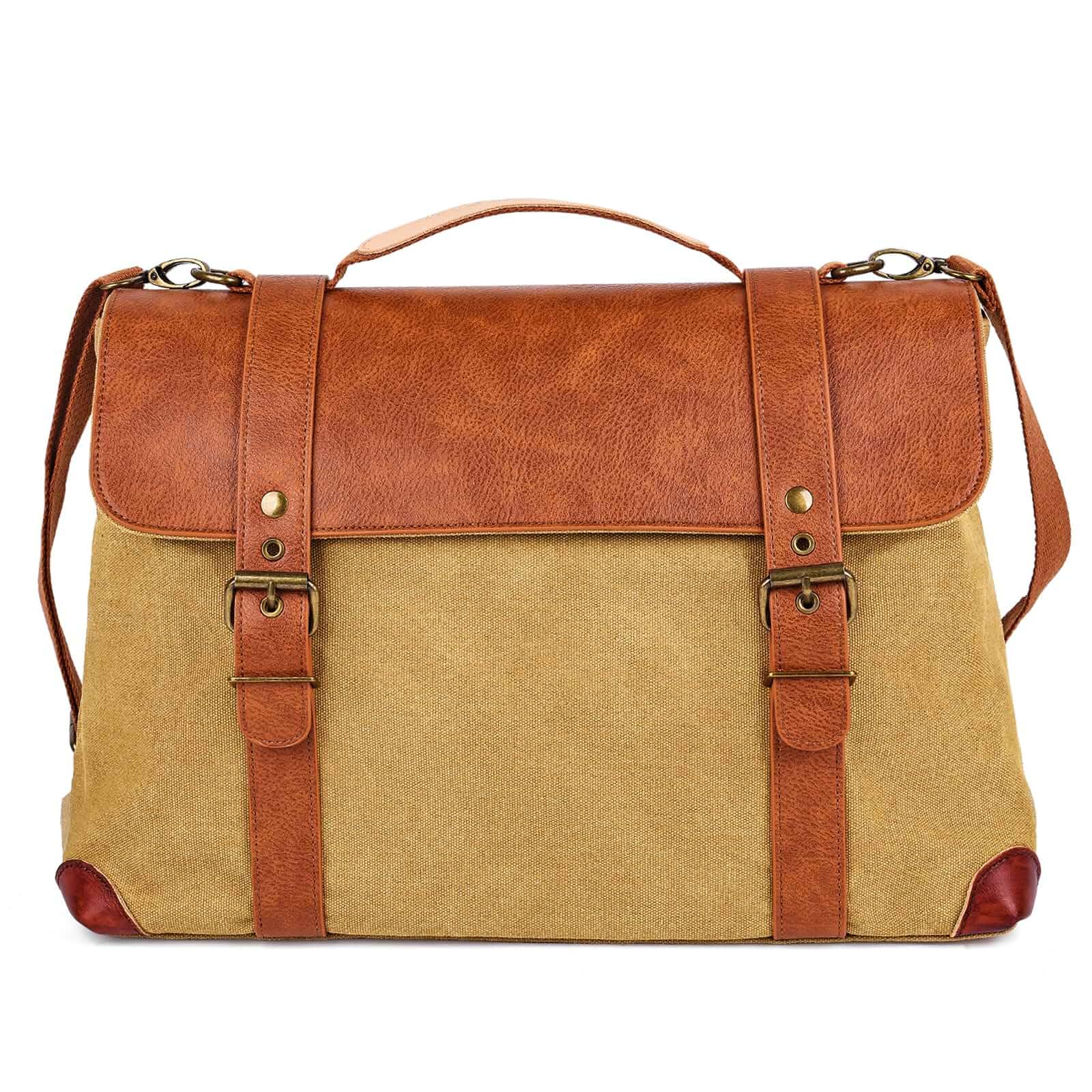 QiXin Green Messenger Shoulder Bag, Leather & Canvas Laptop Bag, Crossbody Briefcase, Computer Bags for Laptops