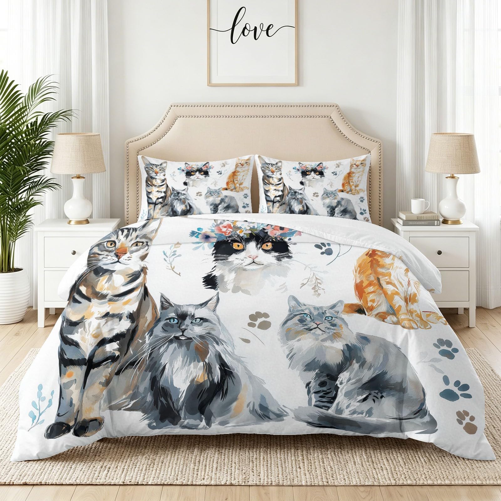 Juego de funda de edredón de tamaño King dibujado a mano con cremallera oculta, estampado de huellas de gato, microfibra con 2 fundas de almohada de 50 x 75 cm, reversible, transpirable