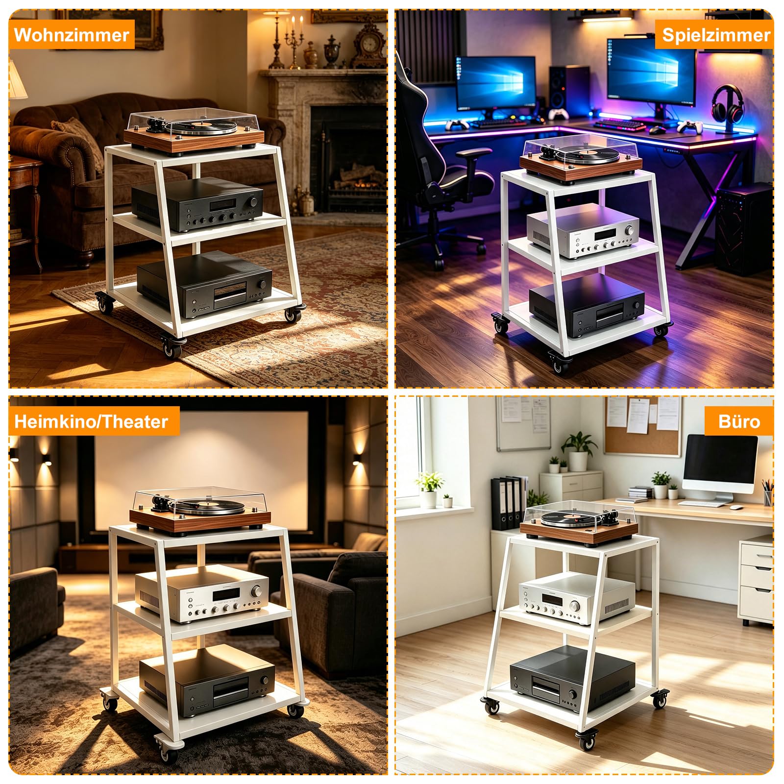 HiFi Rack aus Holz & Stahl,Plattenspieler Tisch mit verstellbaren Ablage,HiFi Regal für Plattenspieler & Stereoanlagen & Kompaktanlage,52cm（L x 50cm(W) x 65cm(H)