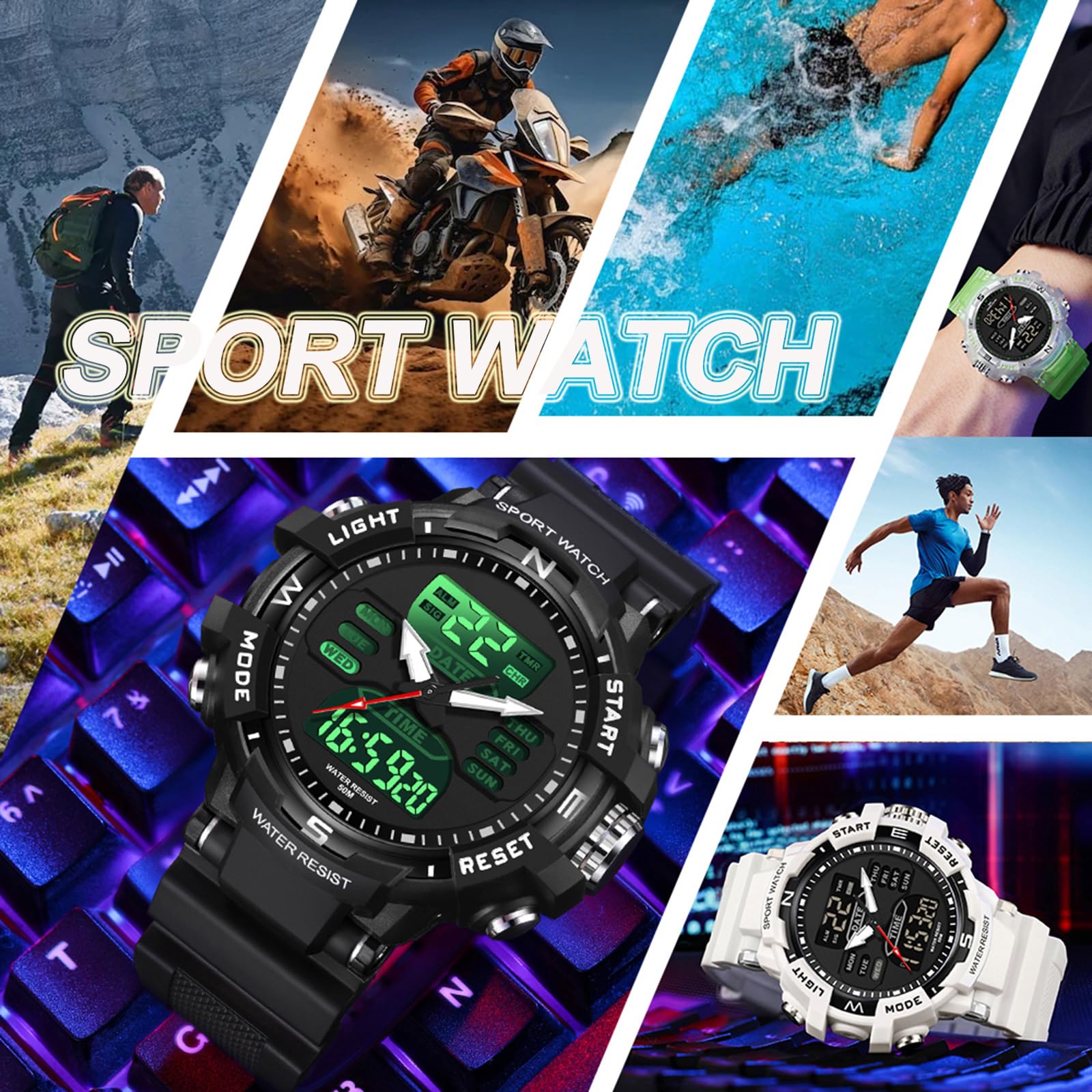 findtime Orologio militare da uomo, orologio digitale, 5 ATM, impermeabile, grandi orologi, da uomo, sportivo, sveglia, cronometro a LED, digitale, militare, per uomini, uomini, ragazzi, coutdown