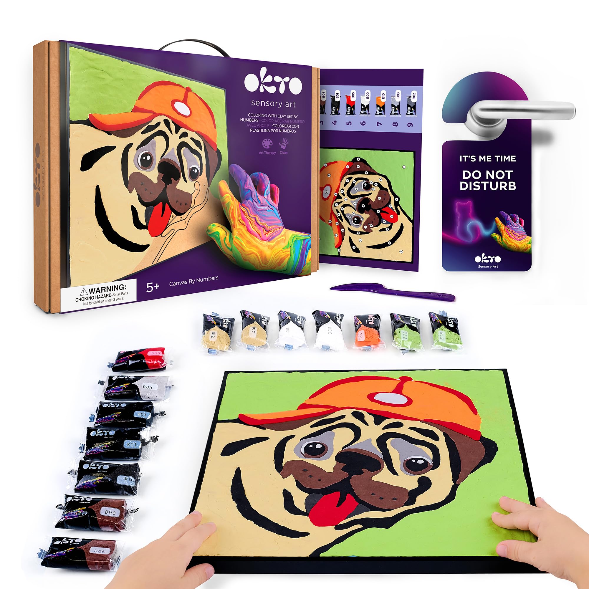 Okto Paint by Numbers for Children - Kid's Paint by Numbers Kits with Air Dry Clay, Unique 2D Wall Art, Sensory Canvas, Pug Themed, Framed Animal Kit for Age 5+