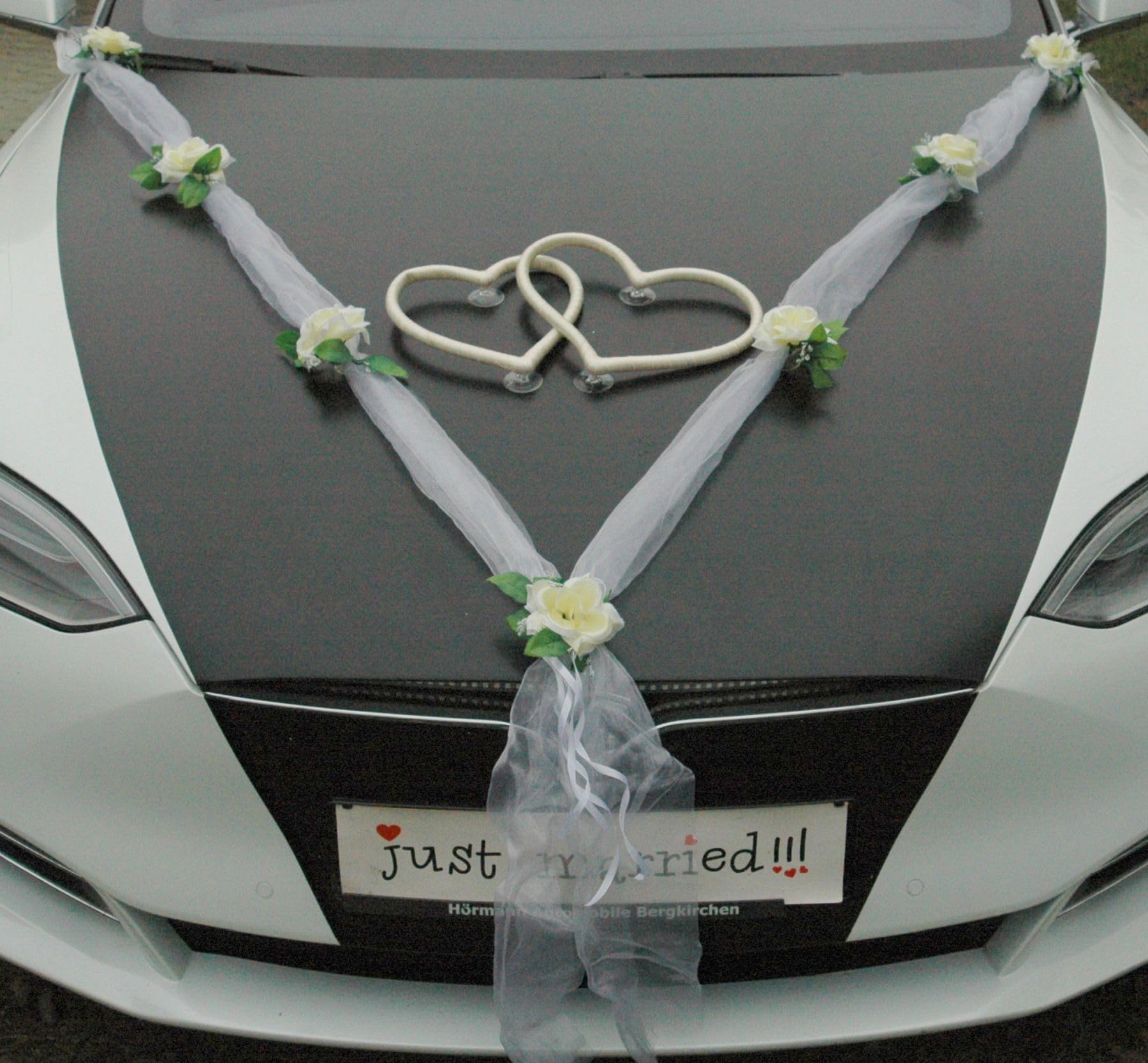 HERZSCHMUCK Auto Schmuck Braut Paar Rose Deko Dekoration Autoschmuck Hochzeit Car Auto Wedding Deko Girlande PKW (M Ecru weiß)