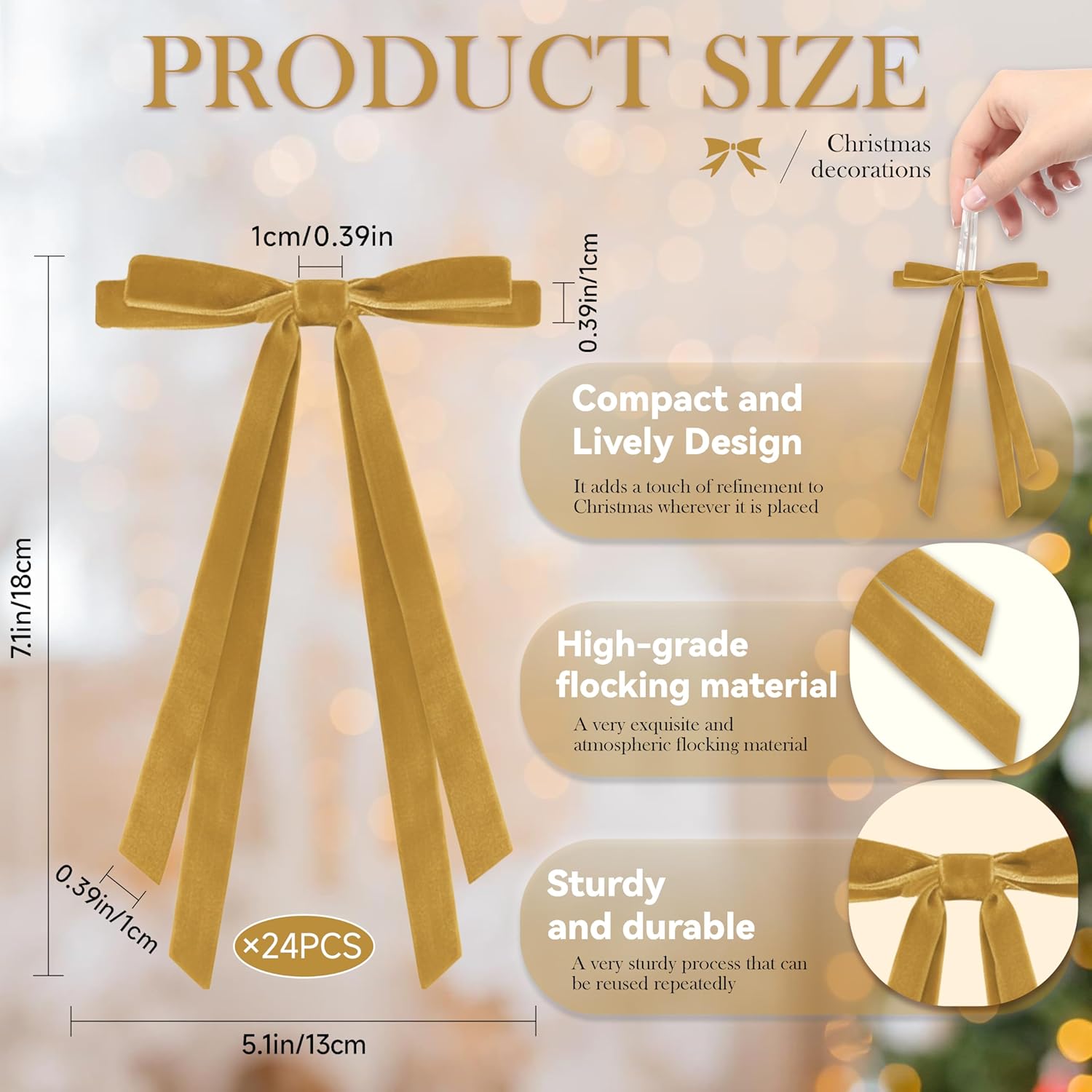 24 Pcs Christmas Bows for Tree, Light Brown Velvet Ribbon Bow for Christmas Tree, Pre-Tied Vintage Xmas Bows for Xmas Trees Wreaths Gifts Wedding Indoor Outdoor Decorations, 5 x 7 Inch