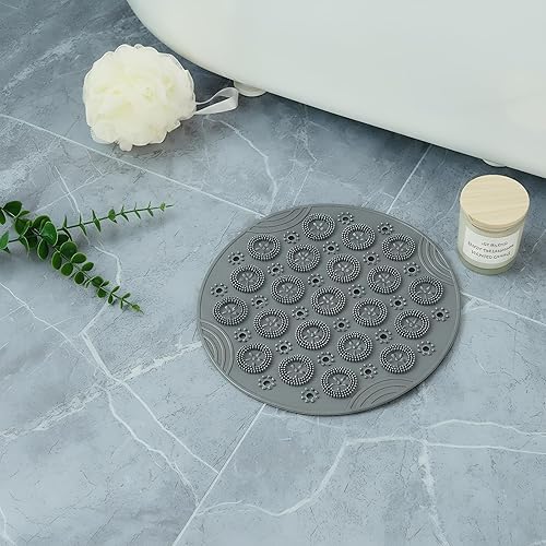 Miniatura 7 de Tapete de ducha antideslizante para bañera, tapete de seguridad redondo de PVC con ventosas y agujeros de drenaje, 11 pulgadas, gris