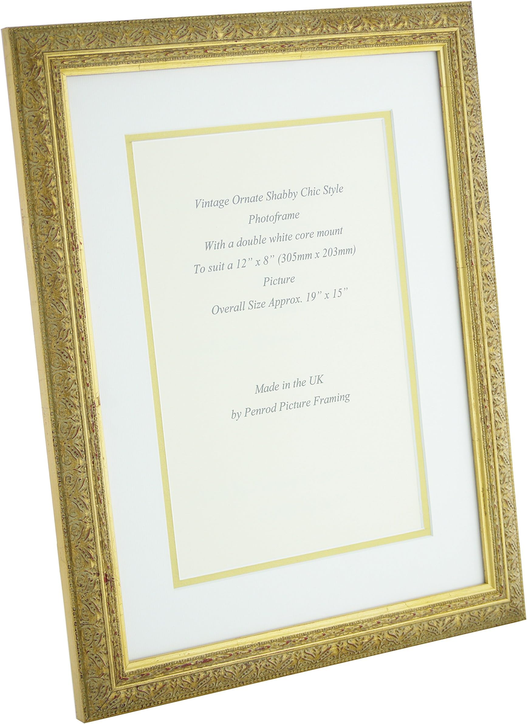 Hand made Antique Gold Shabby Chic Ornate Vintage Picture Frame 18"x14" overall with a Double Mount cut for a 12" x 8" (305mm x 203mm) Photo
