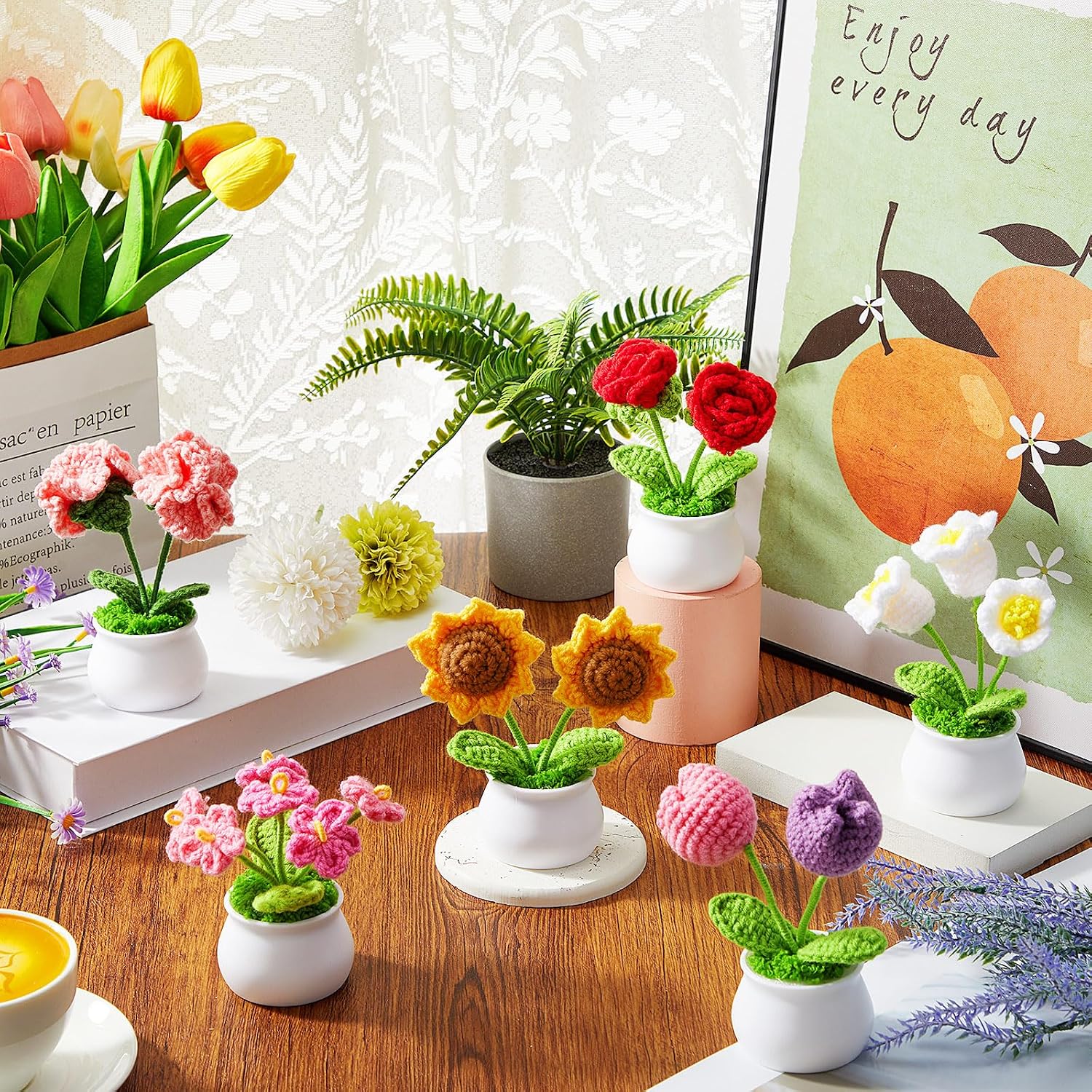 Hahafelt 6 Pcs Crochet Flower Pot Set Crochet Flowers Daisy Tulips Sunflower Forget Me Not Flowers Crochets Potted Plant Gifts for Women Home Office Desk Party Decoration(Vivid Style)