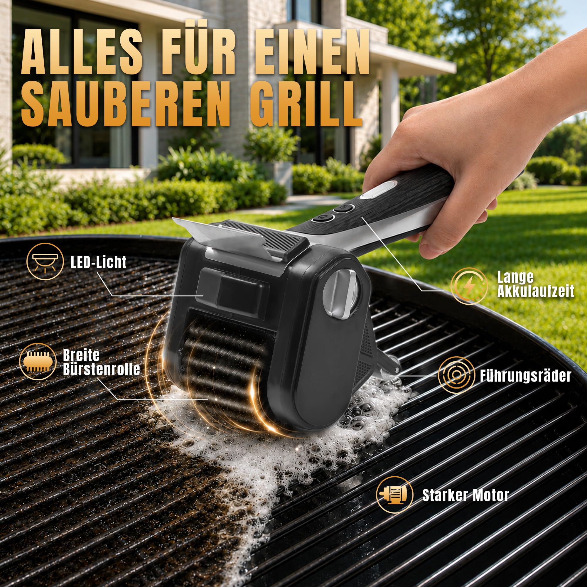 Elektrische Grillbürste Kabelloser mit LED-Licht & Führungsrolle, Schaber | 4000mAh Akku für 180-240 min Laufzeit, 500 RPM Hochleistung, BBQ Reinigungsbürste für Gasgrill Gussrost Elektrogrill