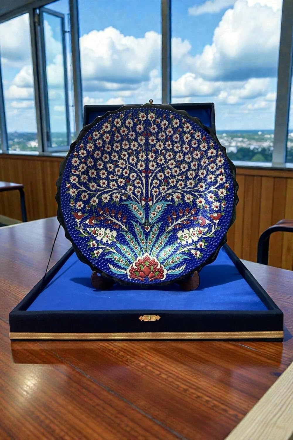 SODEF Ceramic Decorative Plate with Velvet Box, Handmade Tree of Life Iznik Tile Art, 12-Inch Display Plate, Turkish Home Decor, Dark Blue - Dark Blue