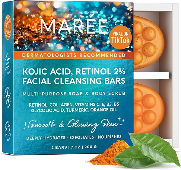 MAREE Kojic Acid Soap & Scrub - Brightening Kojic Acid and Turmeric Soap for Dark Spot and Hyperpigmentation - Dark Spot Remover for Face & Body Wash - Acido Kojico Cream Bar Soaps