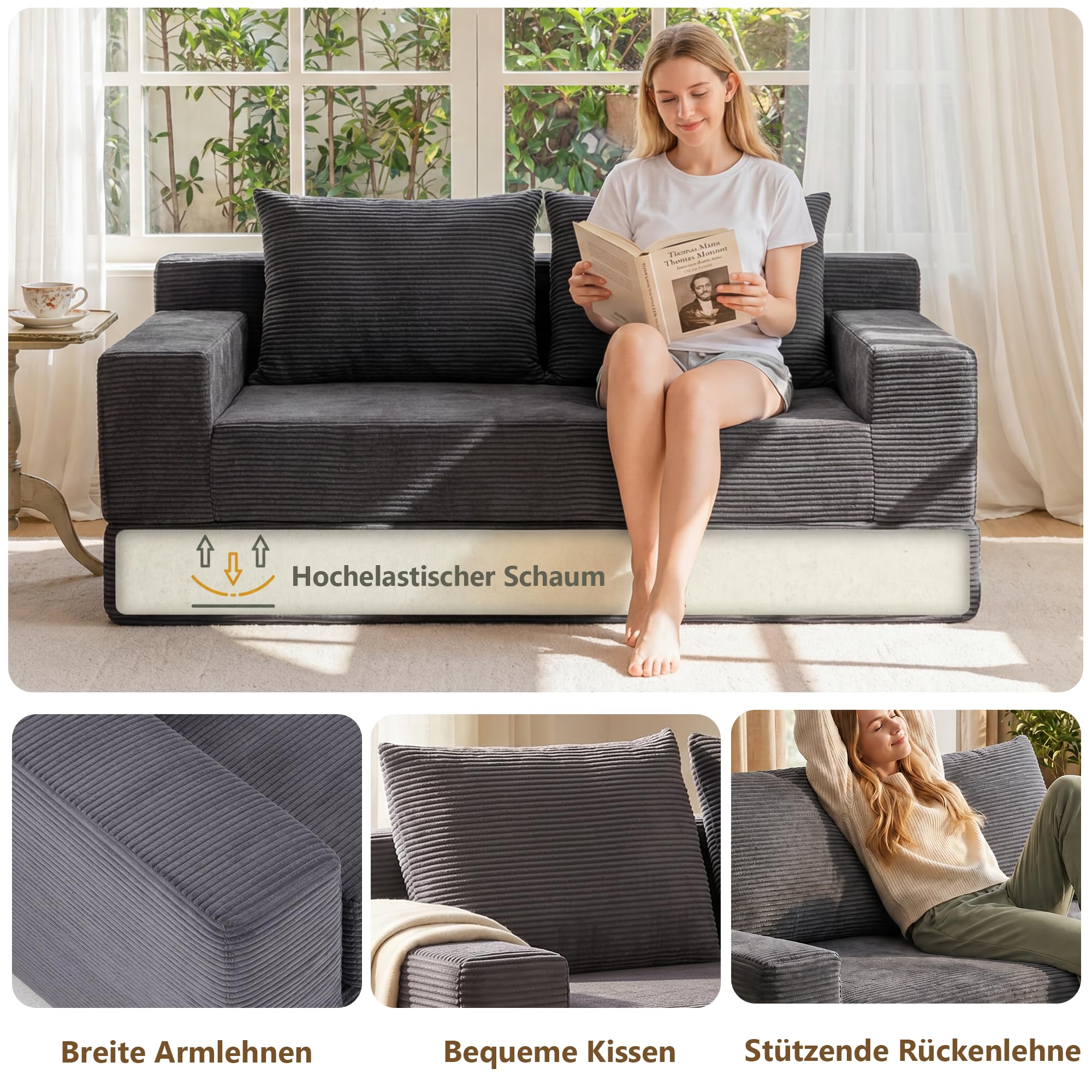 GRAVFORCR Schlafsofa klappbar, Boneless Couch 188cm Dunkelgrau