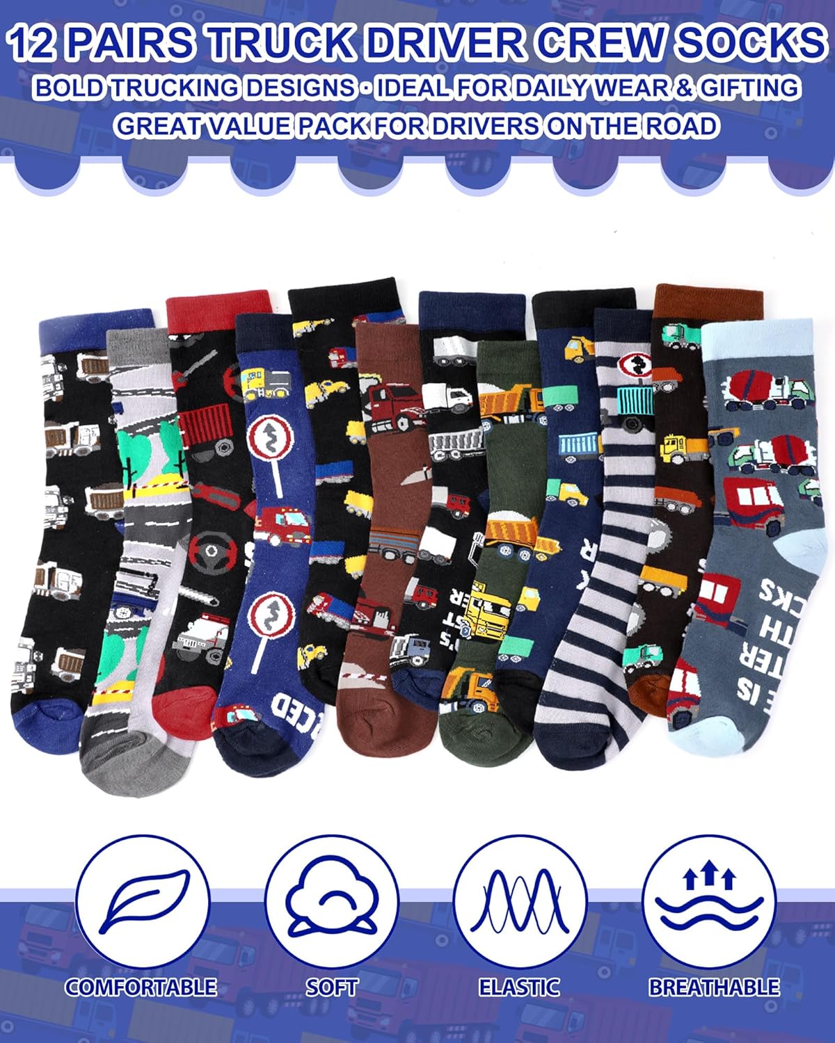 12 Pairs Truck Driver Socks for Men Funny Cotton Crew Socks Novelty Valentines Gift for Trucker Husband Boyfriend - Image 2