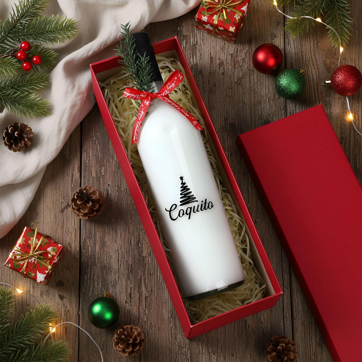 Mimorou 8 Pack Christmas Coquito Glass Wine Bottle Sets 25 oz Empty Clear Liquor Bottles with Ribbon and Artificial Branches for Home Brewing Xmas Gifts(Christmas Tree)