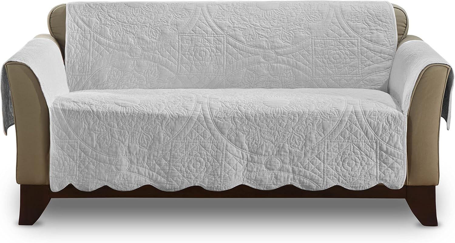 SureFit Heirloom Quilted Cotton Furniture Cover with Scallop Edge, Loveseat Cover, Pet Friendly, Machine Washable, Gray,