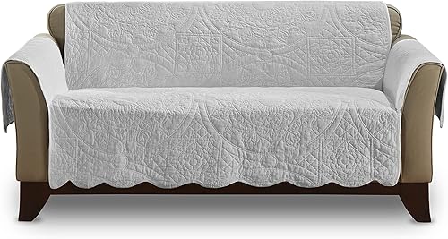 SureFit Heirloom - Funda acolchada de algodón para muebles con borde festoneado, funda para sofá biplaza, apta para mascotas, lavable a máquina, Gris