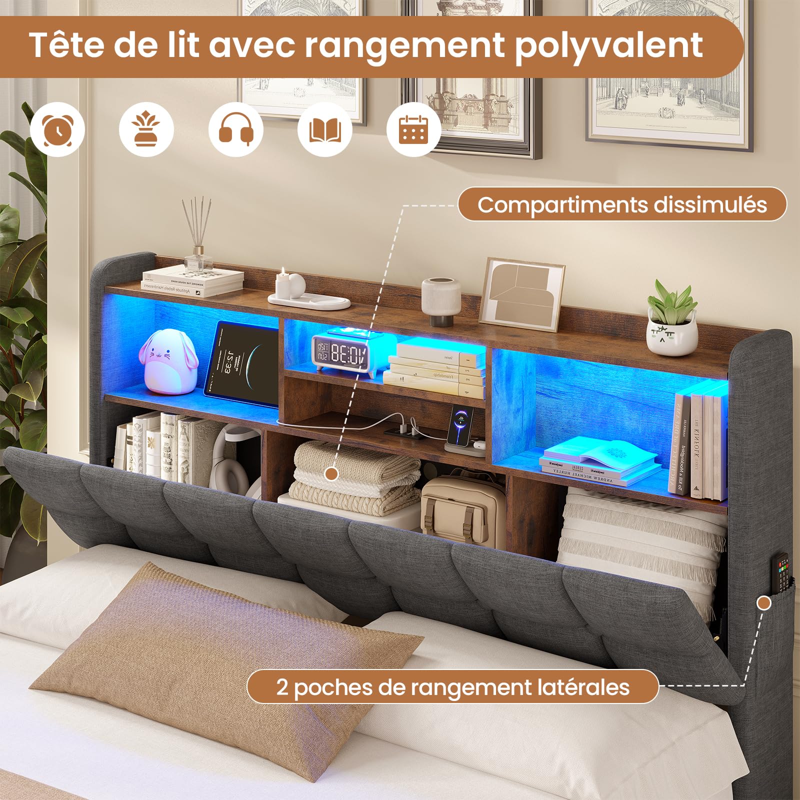 AOGLLATI Lit Coffre 140x190, Lit 140x190 avec Sommier à Lattes en Bois Capitonné avec Multiprise et Ruban LED, 5 Compartiments et Rangement sous Sommier, sans Matelas, Lin Gris Foncé