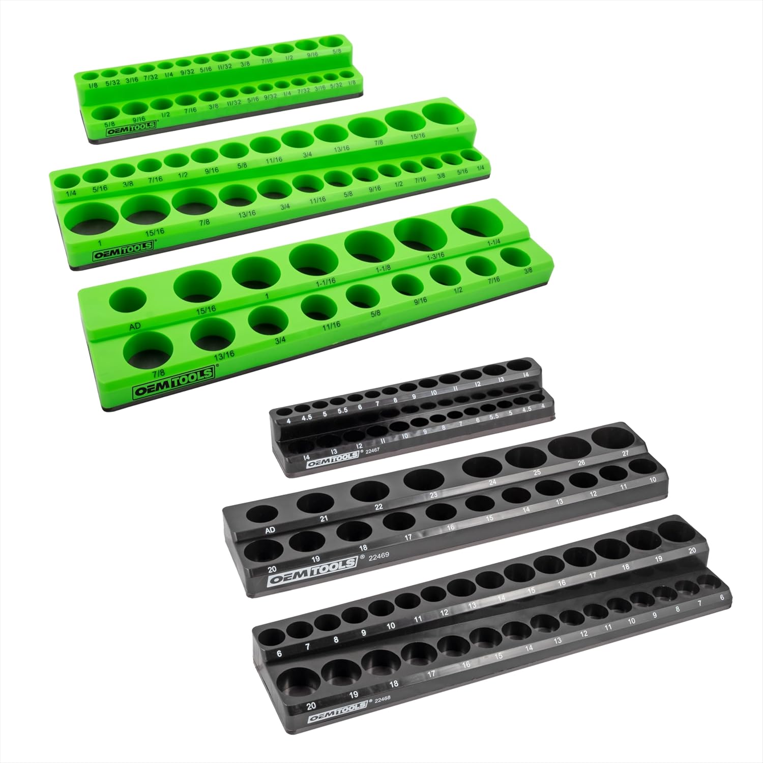 OEMTOOLS 22488 6 Pack Set Metric and SAE Magnetic Socket Tray Set, Black and Green Socket Organizers, 1/4, 3/8, 1/2 Inch Drive Socket Organizer Tray Set
