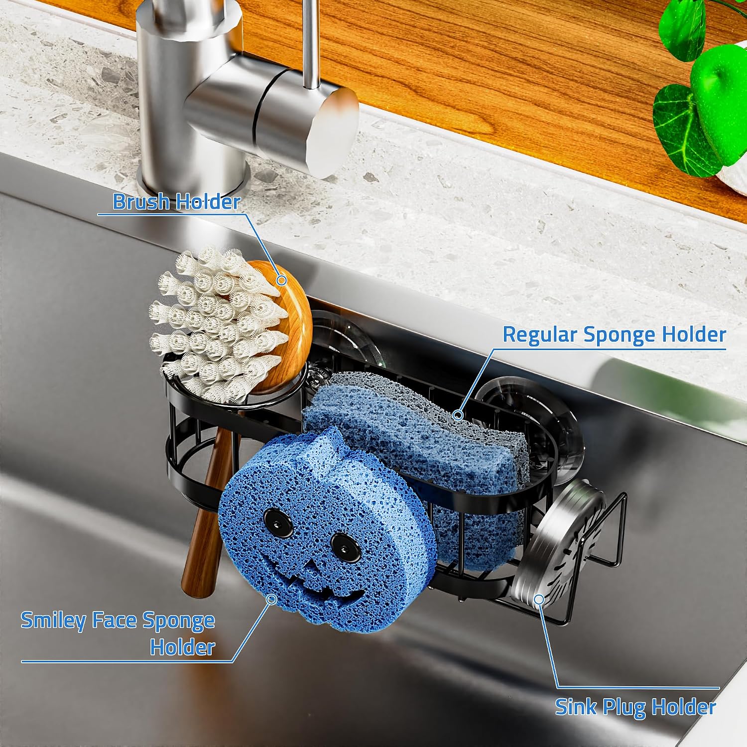 Cisily Sponge Holder Smiley Face, Sink Caddy for kitchen Sink, Kitchen Organizer Sponge Holder with 2 PCS Suction Cups and Adhesive Strips, Designed for Sponge, Soap, Dish brush, Scrubber-Black