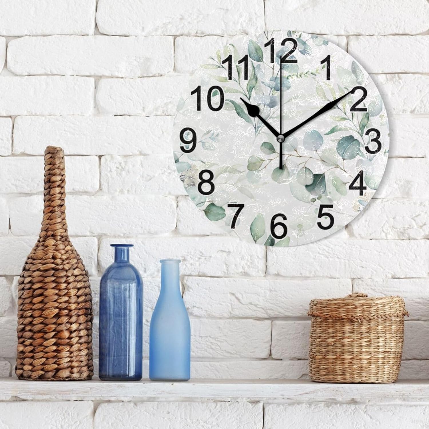 Green Eucalyptus Leaves Wall Clock Non Ticking Silent Kitchen Clock Large Decorative Battery Operated Clocks 10 inch for Living Room Bedroom Decor