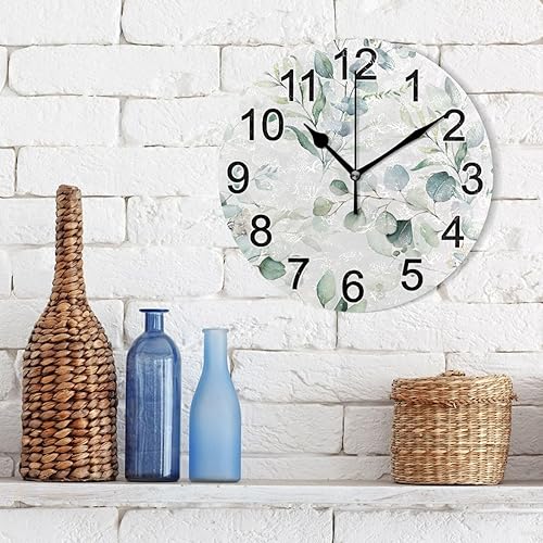 Miniatura 3 de Reloj de pared con hojas de eucalipto verde, sin tictac, reloj de cocina silencioso grande, decorativo, funciona con pilas, 10 pulgadas para
