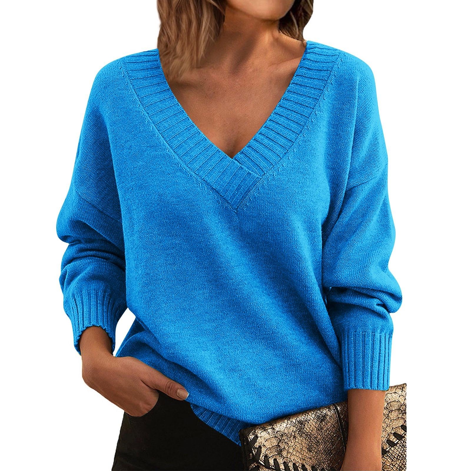V Neck Sweaters for Women Fall Sexy Oversized Sweaters Cozy Plus Size Cable Knit Sweater Casual Long Sleeve