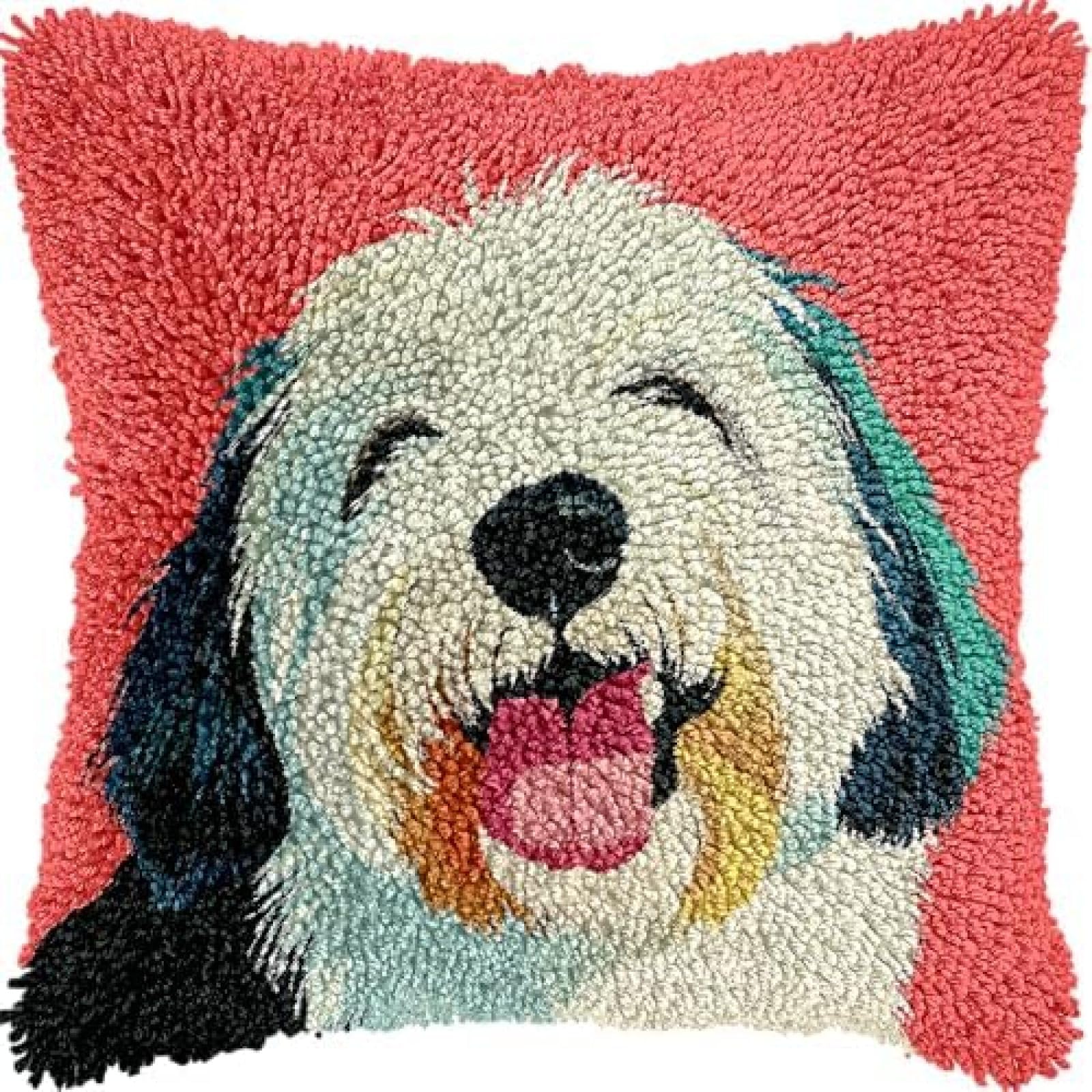 ANSIWEIGO Latch Hook Cushion Kit for Beginners Old English Sheepdogs Dog Needle Crochet Yarn Kits with Pattern Embroidery Cushion Hook and Latch Pillowcase Carpet Home Sofa Decor 17x17 in -1