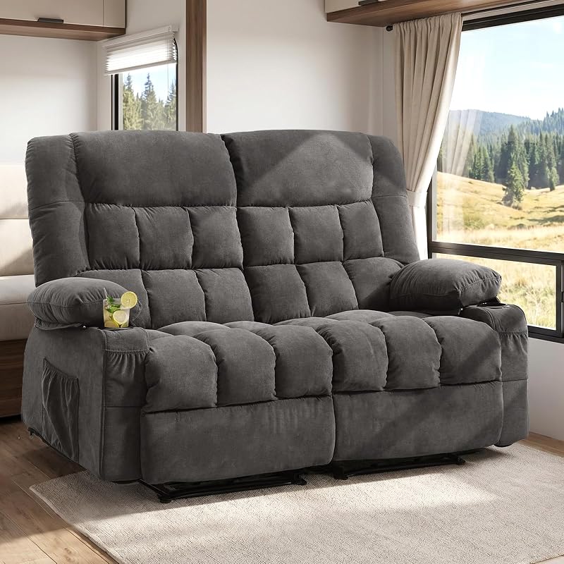 BOSMILLER Recliner Loveseat with Cup Holders for Living Room, 2 Seat Manual Reclining Loveseat with Side Pocket, RV Loveseat Recliner Sofa for Movie Room