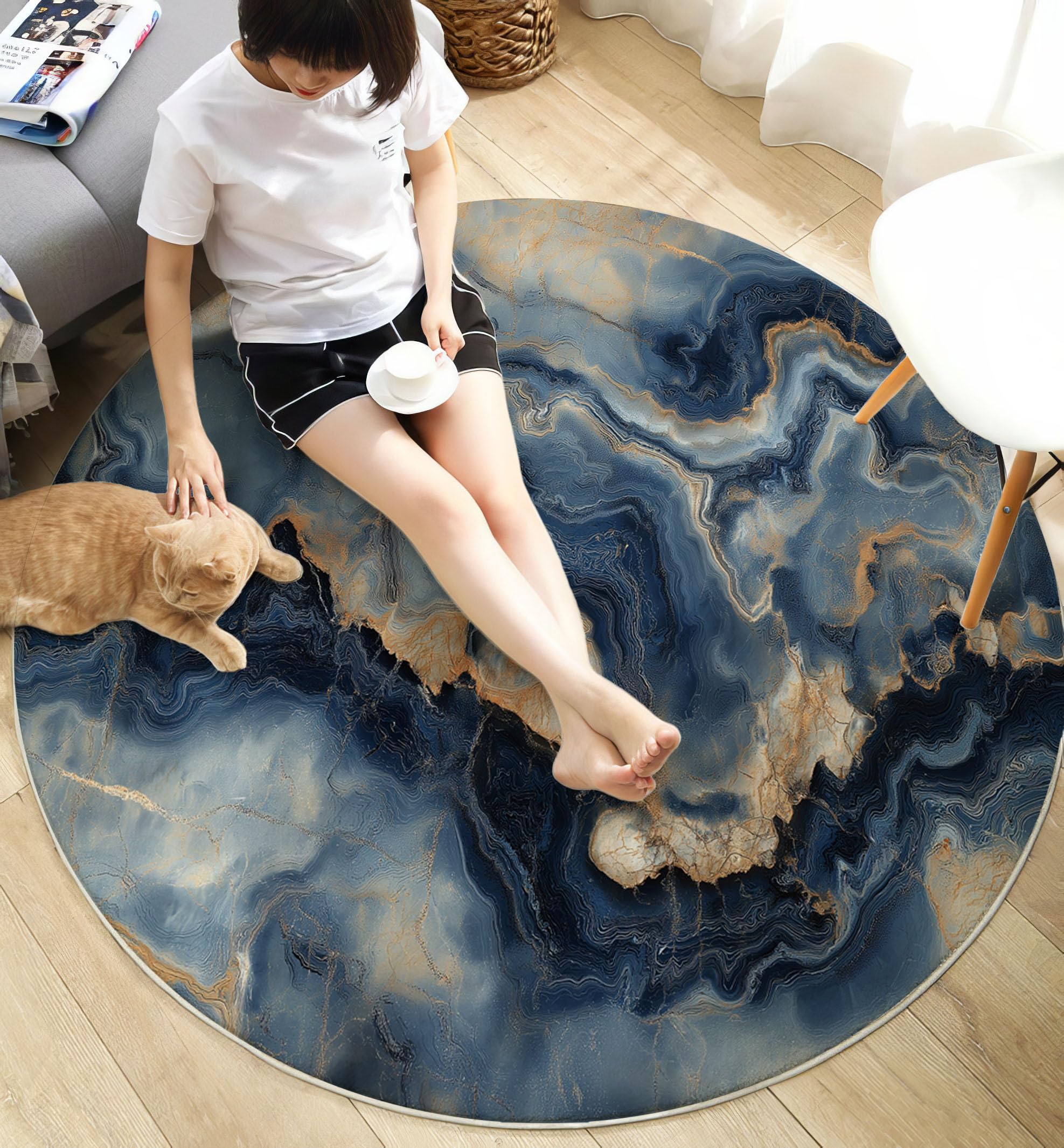 Tapis Rond Salon Marbre Bleu Doré 120cm, Luxe Moderne Tapis De Salon Rond à Poils Courts, Bleu Moquette Antidérapant Lavable en Machine pour Chambre Balcon Terrasse