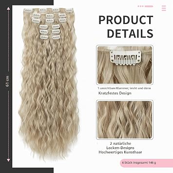 FLUFYMOOZ Clip-In Extensions 60 cm 6 Pieces Long Wavy Clip-In Hair Extensions Thick Natural Soft Synthetic Hairpiece for Women Girls Natural Ash Blonde
