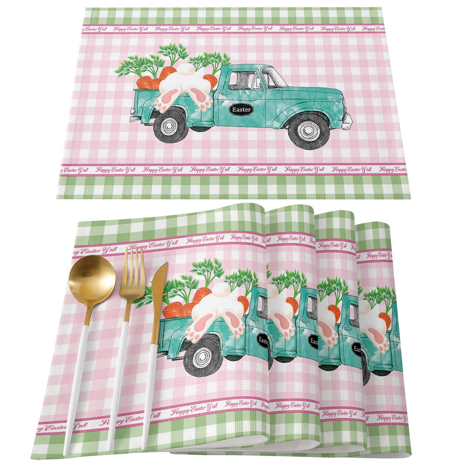 LEO BON Cotton Linen Placemats Set of 6 Happy Easter Day Truck with Bunny Rabbit Table Mats for Wedding Party Holiday Dinner Home Decoration Everyday