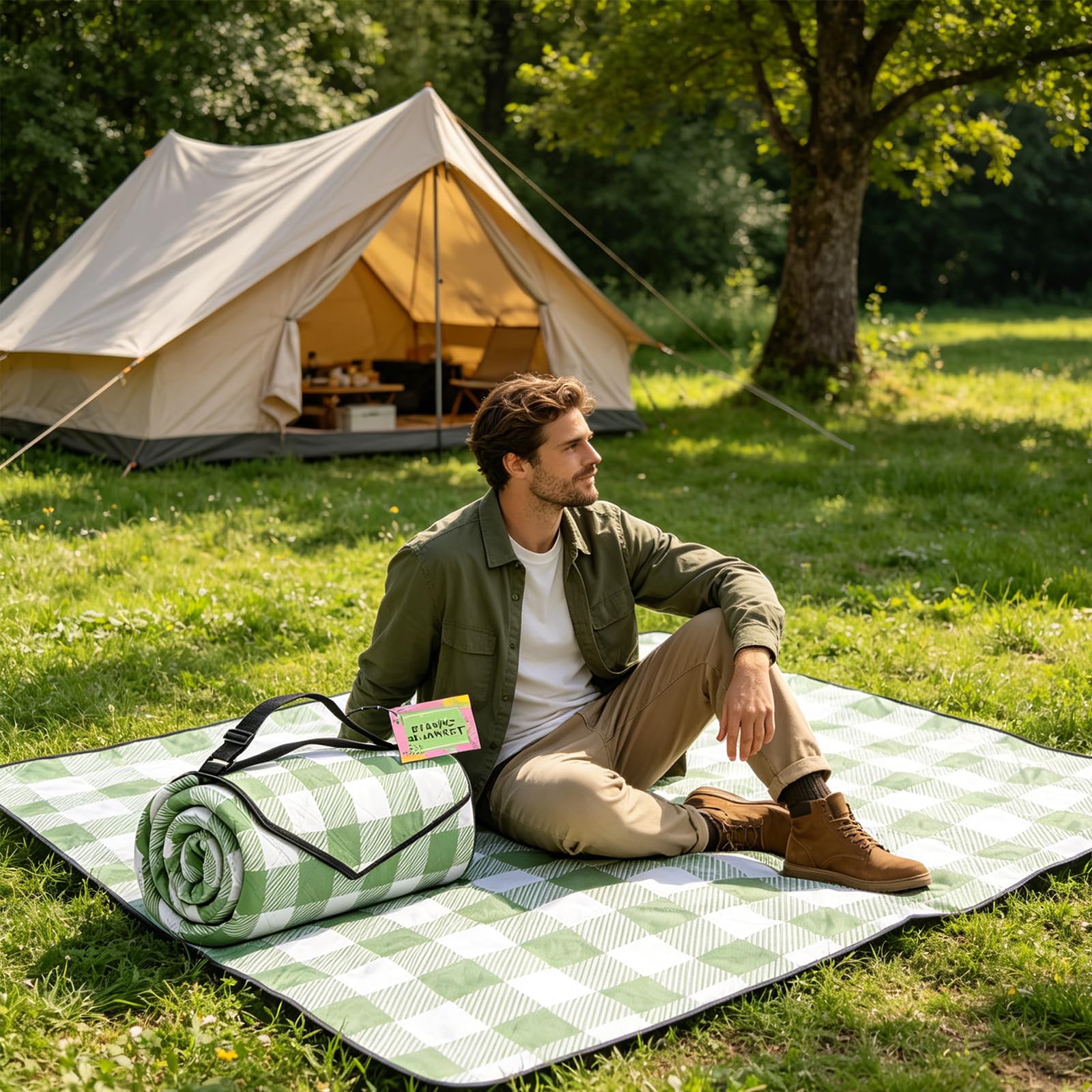 Tappetino da picnic portatile con tracolla, coperta pieghevole verde a quadretti 200 x 300 cm per copertura del terreno da campeggio, posti a sedere nel parco e gite un giorno all ' aperto Coperta