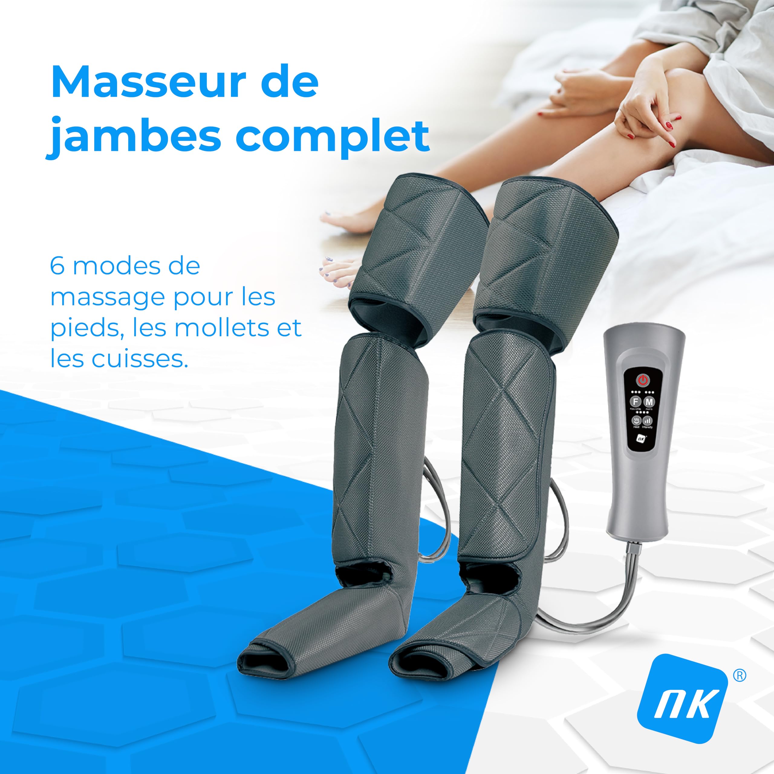 NK Appareil de massage pour jambes, 6 modes de massage complets et partiels, 4 niveaux d'intensité pour chaque mode, minuteur, fonction chaleur, compression d'air pour la relaxation musculaire.